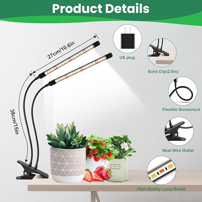 Garpsen Grow Lights, 2PCS 2 Heads Full Spectrum Plant Lights for Indoor Plants, 80 LEDs Clip Led Grow Lamp with Auto on/Off Timer Setting(6/12/16H), 5 Level Dimmable(660nm/3000K/6000K)