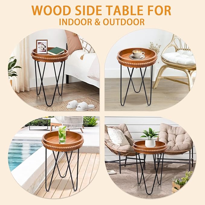 VCUTEKA Outdoor Side Table Round Small Accent Table Wood Patio Side Table End Table with 3 Metal Legs Plant Stand Indoor Coffee Tables