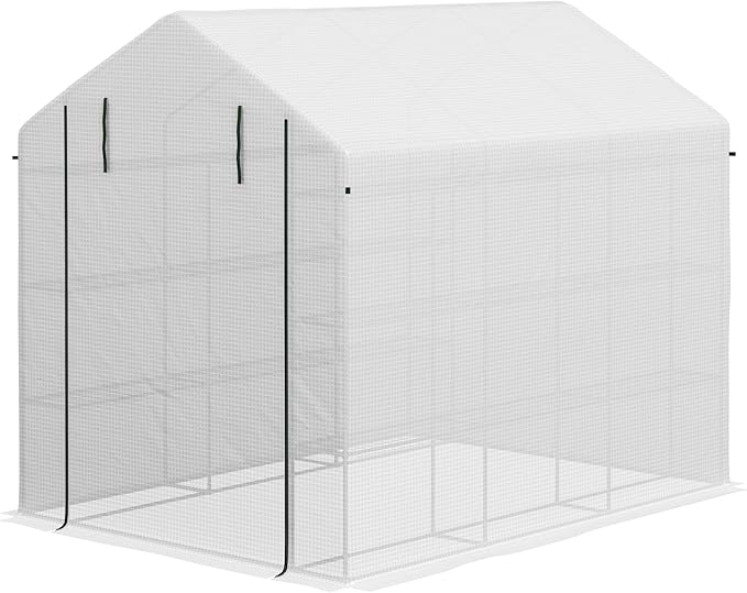 Outsunny 8' x 6' x 7' Walk-in Greenhouse, PE Cover, 4-Tier Shelves, Steel Frame Hot House, Roll-Up Zipper Door for Flowers, Vegetables, Saplings, Tropical Plants, White