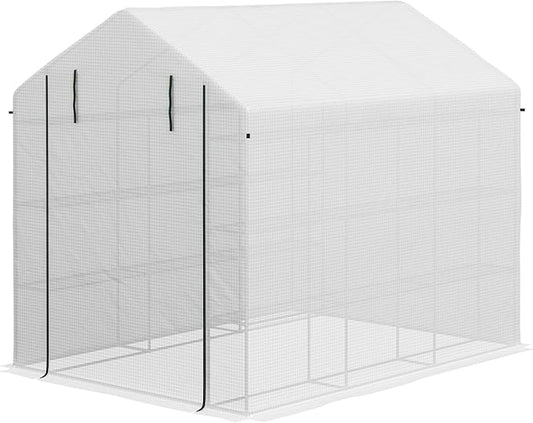 Outsunny Walk-in Greenhouse for Outdoors with Roll-up Zipper Door, 18 Shelves, PE Cover, Small and Portable Green House, Heavy Duty Humidity Seal, 95.25" x 70.75" x 82.75", White