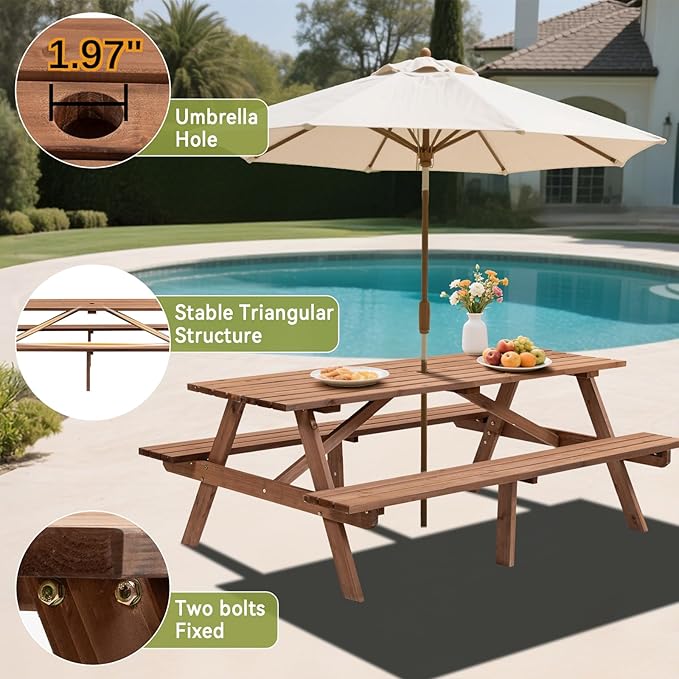 8-Person Wooden Picnic Table with 2 Built-in Benches, 75" L x 50" W Outdoor Dining Table, 2220lb Capacity Includes Umbrella Hole, Perfect for Backyard, Camping, Natural