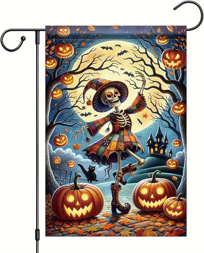 Halloween Garden Flag Skeleton Witch Pumpkin Flag 12x18 Inch Double Sided Fall Halloween Outdoor Decoration Haunted House Party Decor Seasonal Autumn Yard Banner for Home Lawn Patio