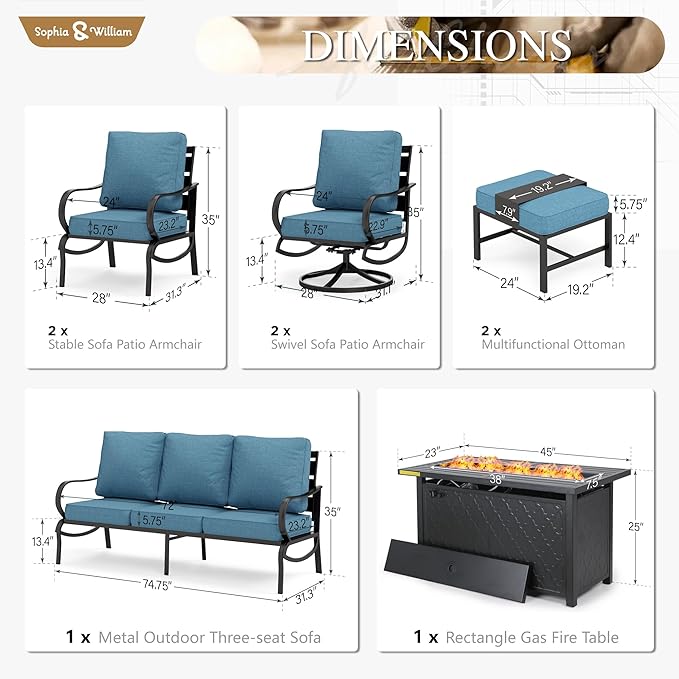 Sophia & William Patio Furniture Sets for 9 with 45" Gas Fire Pit Table Outdoor Conversation Sets 8 Pcs, 2xSofa Chairs, 2xSwivel Cushion Chairs, 1x3-Seat Sofa, 2xOttomans for Porch Poolside Navy