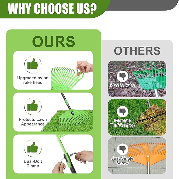 Plastic Rake for Leaves - Lightweight Outdoor Garden Rakes for Leaves,Grass,Pine Needle,Gentle Sweep Leaf On Lawn Yard, 75" Adjustable Long Handle for Gardening Camping