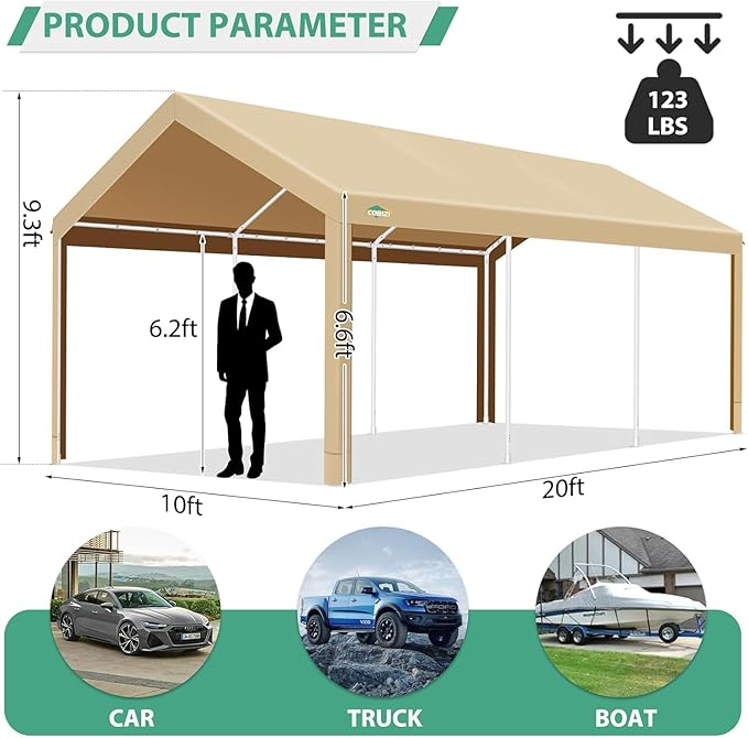 COBIZI Carport 10x20ft Heavy Duty Portable Garage, 2.0 Powder Coated Frame(Better Than Galvanized), Waterproof Shelter with Built-in Sandbags, for Car/Boat/SUV, Khaki