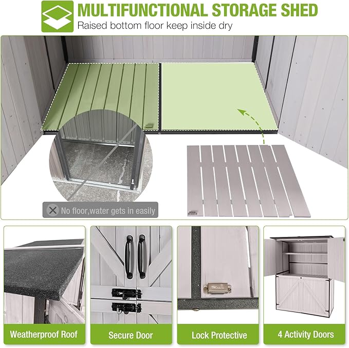 Outdoor Cabinet Storage Shed with Metal Frame Large Wooden Garden Shed Tool House with Floor,Door & Lock for Backyard Use