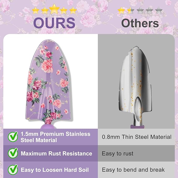 Gardening Tools, WisaKey 10 Piece Heavy Duty Purple Garden Tool Set with Handle, Durable Fashion Garden Supplies Organizer Handbag, Garden Hand Tools Gardening Gifts for Women Grandmother Granny