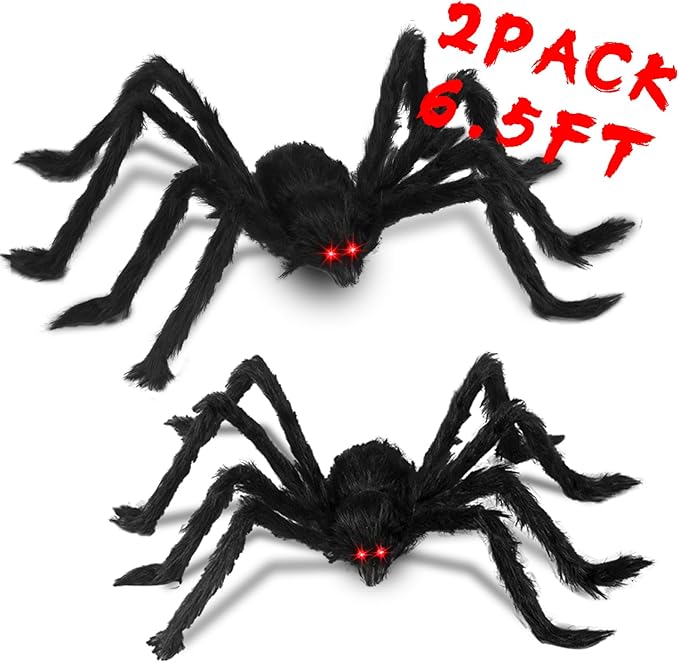 2PCS/6.5FT/78IN/200CM Halloween Giant Spiders Set: Acina Fake Large Hairy Spider Decorations, Scary Virtual Realistic Spider Props for Indoor Outdoor Creepy Decor Black