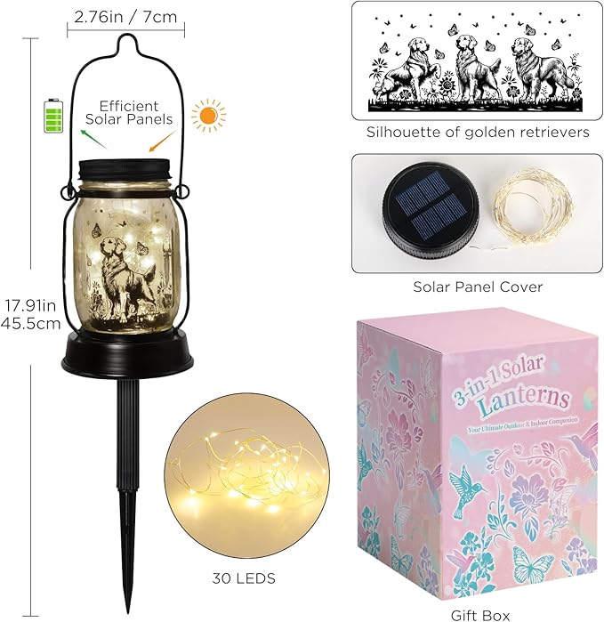 Golden Retriever Gifts for Women/Men Golden Retriever Solar Lanterns Dog Mom Birthday Dog Lovers Lantern Pet loss Pet Memorial Lights Solar Garden Decoration for Yard, Patio,Backyard,Porch Torches