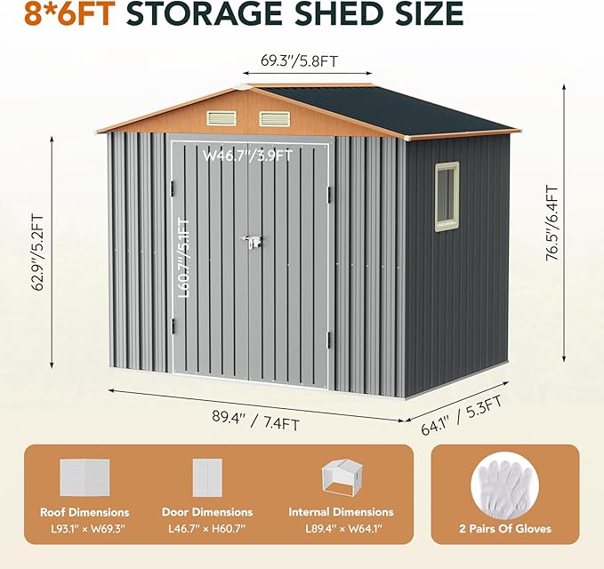 8x6FT Metal Shed & Outdoor Storage Shed, Steel Tool Multi-Used Shed with Vents,Lockable Doors,Window,Compact Tool Shed for Backyard, Patio, Lawn and Garden Various Storage(Matte Gray)