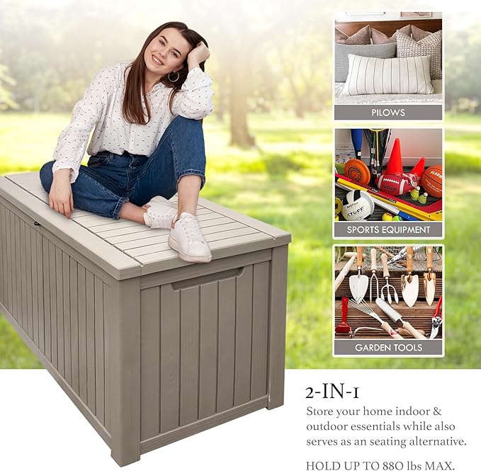 AJP Distributors 180 Gallon Outdoor Storage Box, Rain Waterproof Resin Deck Box, Lockable Large Storage Container for Patio Furniture, Cushions, Garden Tools, Sports Equipment and Pool Supplies Taupe