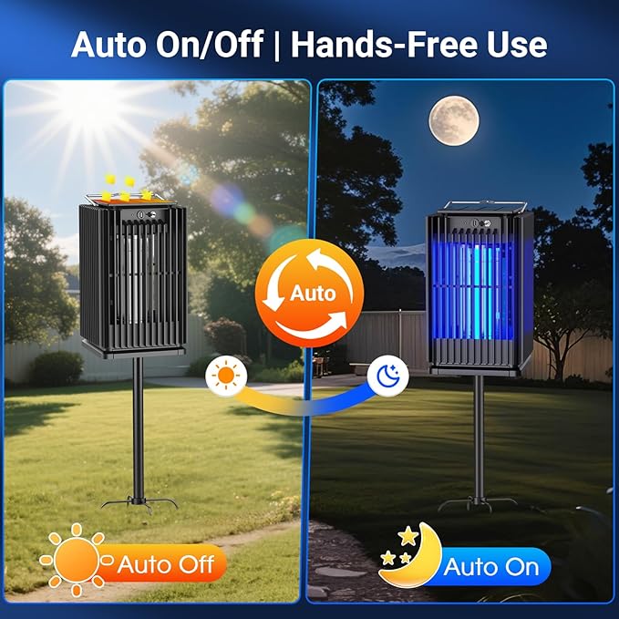 Solar Bug Zapper Outdoor Waterproof, Solar Mosquito Zapper Outdoor with Ground Bracket, Cordless Fly Zapper with Illuminated Light, 5000mAh Rechargeable Mosquito Killer