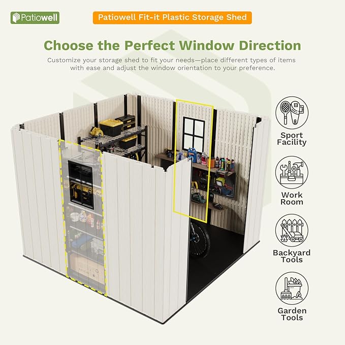 Patiowell 8 x 8 FT Resin Outdoor Storage Shed with Floor, Large Shed with Light and Lockable Door for Garden, Backyard, Tool Storage Use, Easy to Install in Beige (Kick-it Shed)