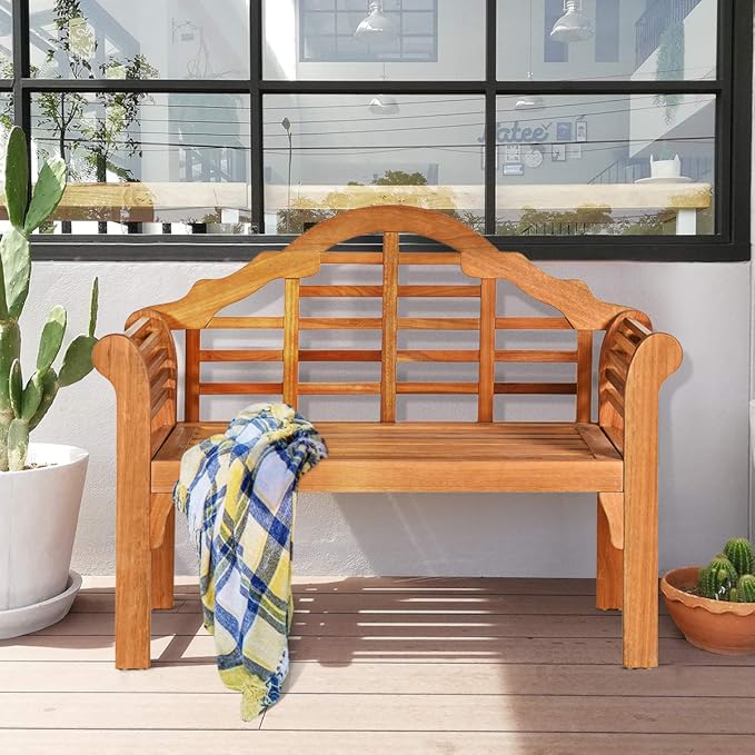 Tangkula Folding Outdoor Eucalyptus Wood Bench, 49” Large Foldable Solid Wood Garden Park Bench, 2-Person Loveseat Chair for Entryway, Deck, Porch, Poolside & Balcony