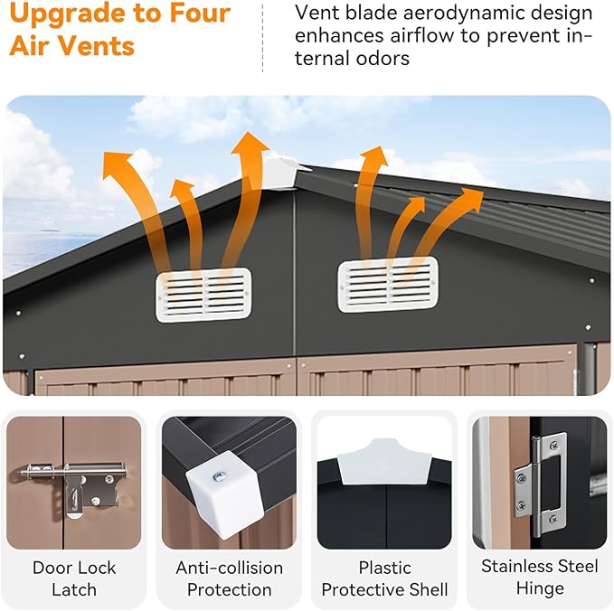 8x15 FT Metal Outdoor Storage Shed, Dual Doors with Lockable Bolts, Large Garden Shed for Yard Tools, Bike, Generator, Waterproof Galvanized Steel Panel with Vent & Sloping Roof(Brown)