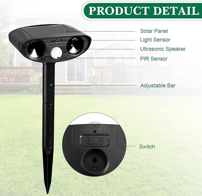 Qualirey 4 Pack Ultrasonic Animal Repellent Outdoor Solar Animal Repeller with Motion Detection Waterproof Deterrent Devices Repel Deer Cat Dog Squirrel Raccoon Skunk Rats for Yard Garden