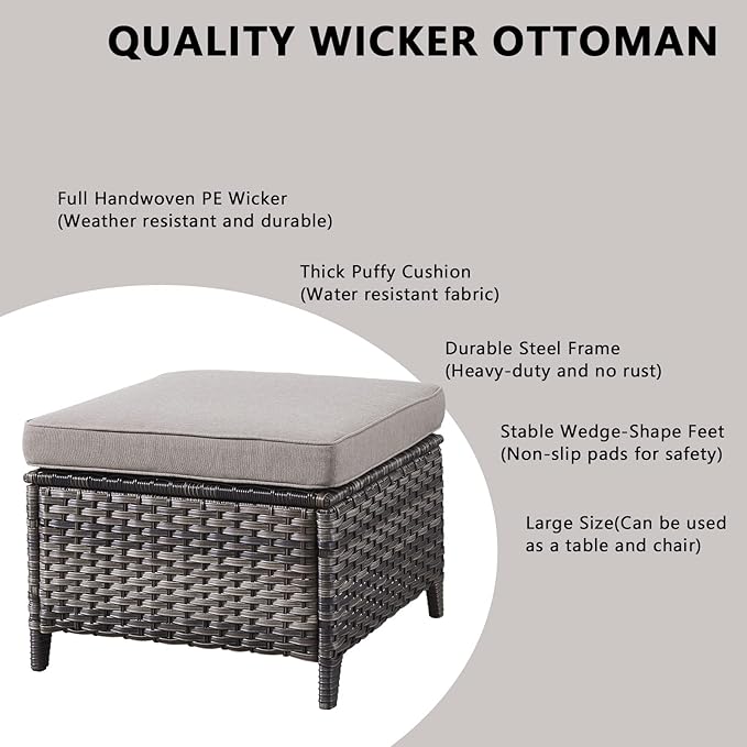 Wicker Outdoor Patio Furniture Set - 5 Piece Patio Conversation Sets with Swivel Rocker Chairs, Ottomans and Sofa, 6 inch Cushions, Waterproof Wicker, for Porch Deck Mixed Grey/Grey