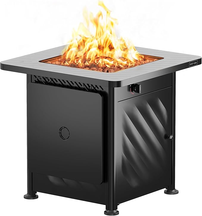EAST OAK 28” Outdoor Propane Fire Pit Table | 52,000 BTU Gas Fire Pit for Outside with Easy-Hook Lid, Mesh Pocket & Lava Rocks | CSA Certified | Ideal for Patio, Garden & Backyard | Black
