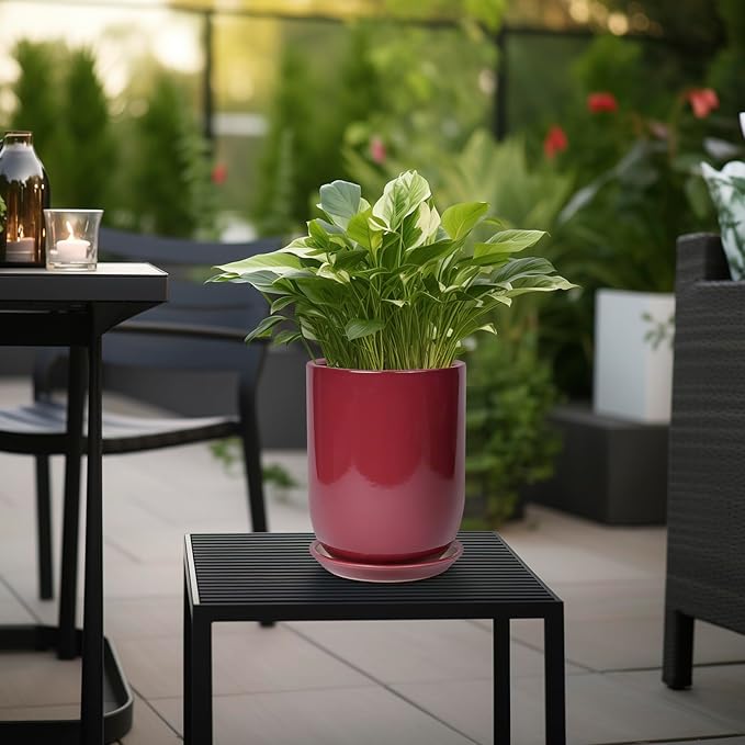 Ceramic Pot for Plants - 8 Inch Plant Pot Indoor with Drainage Hole and Saucer Cylinder Flower Pot for Indoor Outdoor Plants Home Patio Office Decor Red