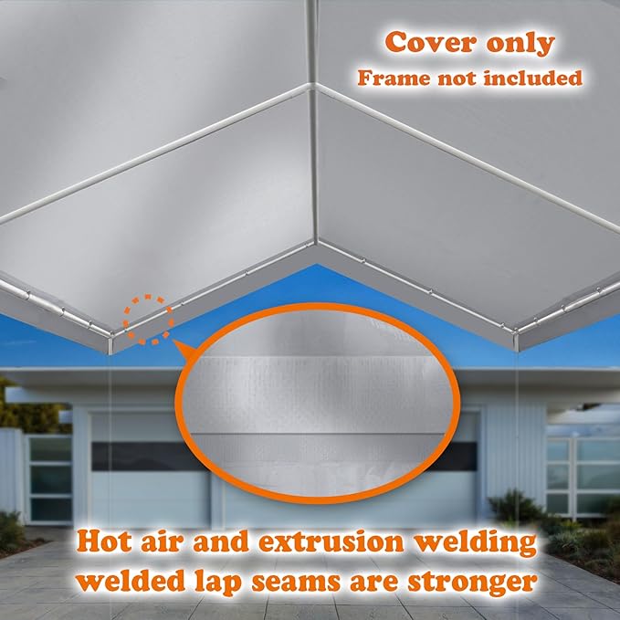 Strong Camel 10'x20' Carport Replacement Canopy for Tent Top Garage Shelter with Ball Bungees (Only Cover, Frame Not Included) (Silver, 10x20)