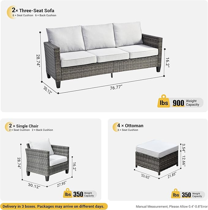 ovios Patio Furniture Set, 8 Pieces Outdoor Wicker Sofa Couch with Chairs, Ottomans and Comfy Cushions, All Weather High Back Rattan Conversation Set, Grey
