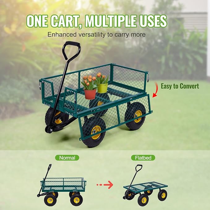 Backyard Expressions Heavy-Duty Steel Garden Cart – 400 lb Capacity, Removable Mesh Sides, Flatbed Convertible Yard Wagon with 10" Pneumatic Tires