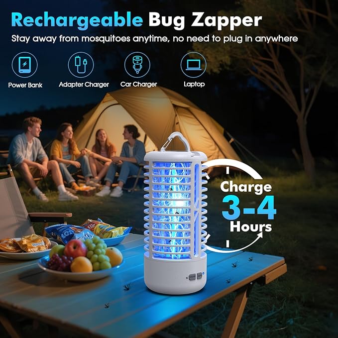Rechargeable Bug Zapper, Portable Electric Mosquito Killer for Indoor & Outdoor, Fly Trap for Camping, Patio, Garden, Kitchen, and Porch(1 Pack, White)