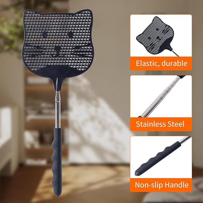 2 Pack Extendable Fly Swatter, 25 inch Long Handle Flyswatters, Plastic Heavy Duty Fly Swatters Manual for Indoors Patio Garden and Outdoors Black