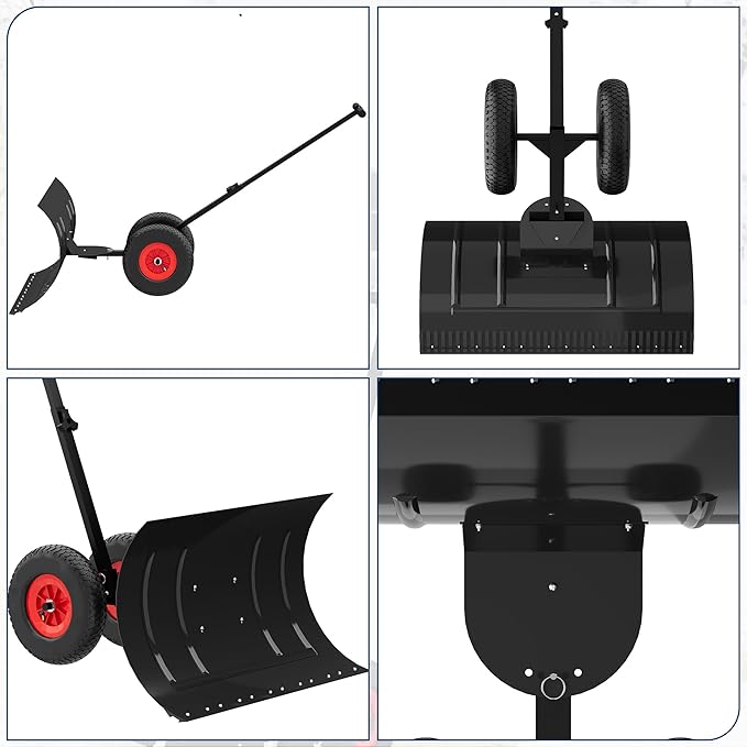 15" H X 30" W Metal Snow Pusher with Wheels, Adjustable Angle & Height Handle for Effortless Snow Removal | Ergonomic Double-Rod Design for Driveway & Sidewalk
