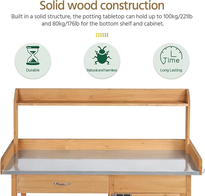 Yaheetech Outdoor Garden Potting Bench Table Work Bench Metal Tabletop W/Cabinet Drawer Open Shelf Natural Wood