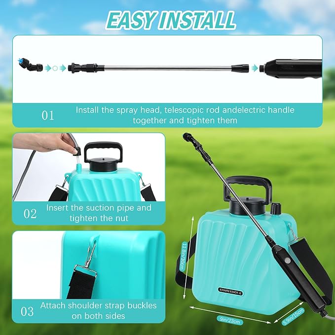 Battery Powered Sprayer, 1.35 Gallon Electric Cordless Garden Sprayer with USB Rechargeable Handle, 3 Adjustable Mist Nozzles, Telescopic Wand, Adjustable Shoulder Strap for Lawn, Garden, Cleaning
