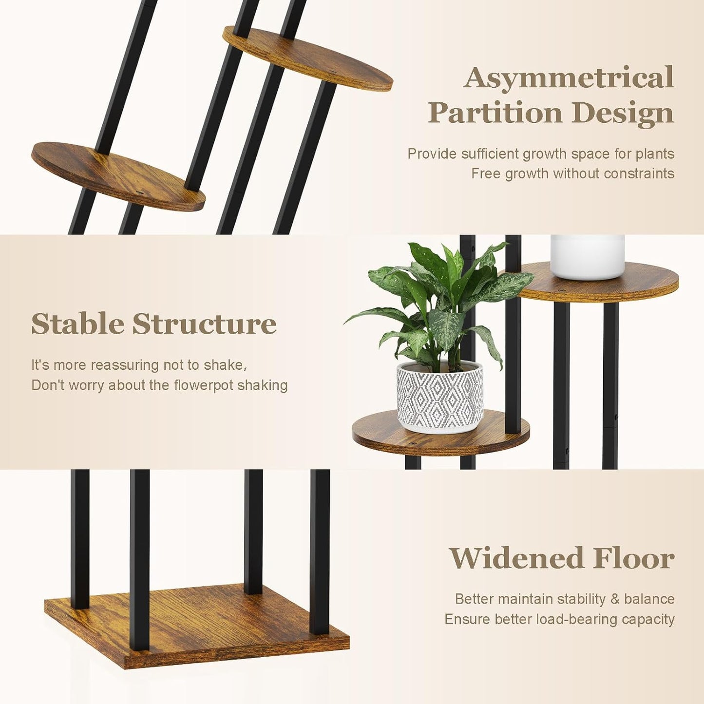 4 Tier Plant Stand Indoor, Metal Wooden Tall Plant Shelf Flower Pot Stand for Multiple Plants, Corner Flower Holder Plant Display Rack for Living Room Balcony Patio Garden (Rustic Brown)