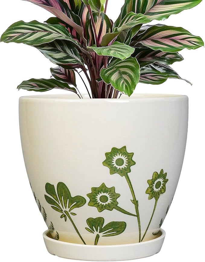 Indoor Plant Pot 6.8 Inch - Ceramic Planter for Indoor Flowers with Drainage Hole and Saucer, Boho Round Decorative Outdoor Flower Pot, Gifts for Plant Lovers, Garden Office Home Decor, White
