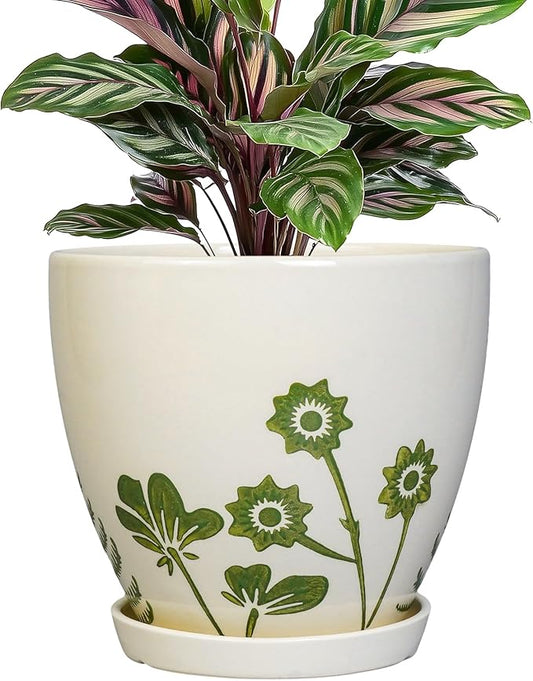 Indoor Plant Pot 6.8 Inch - Ceramic Planter for Indoor Flowers with Drainage Hole and Saucer, Boho Round Decorative Outdoor Flower Pot, Gifts for Plant Lovers, Garden Office Home Decor, White