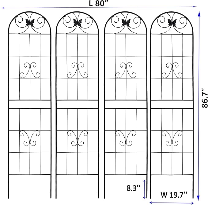 4 Pack Metal Garden Trellis 86.7" Tall Outdoor Climbing Plant Support for Roses, Flowers, Rustproof Durable Black Galvanized Tube, Lawn Garden Fence Decor Screen (4pcs, 86.7" H)