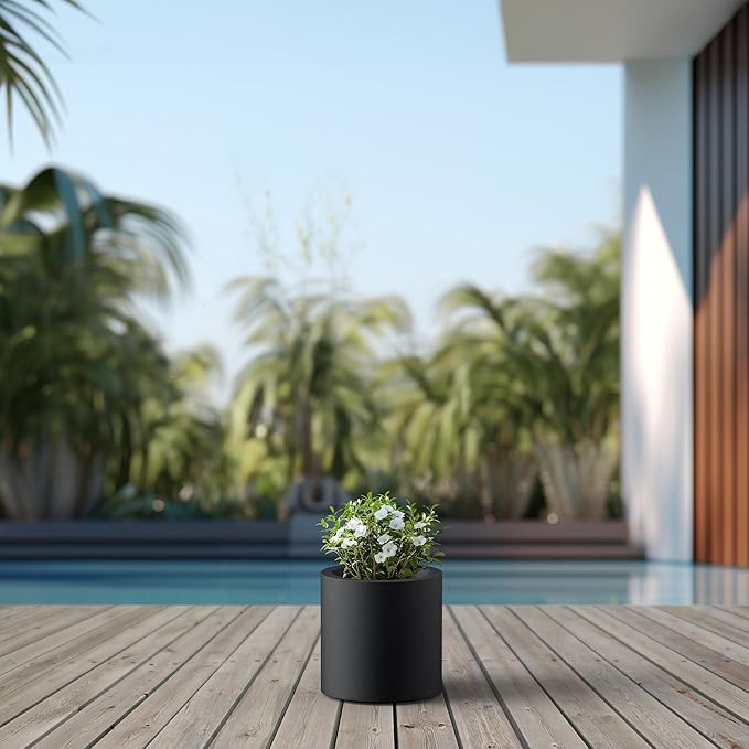 Kante 9.8" Dia Round Concrete Planter, Modern Style Large Cylindrical Plant Pot with Drainage Hole and Rubber Plug for Indoor Outdoor Patio, Burnished Black