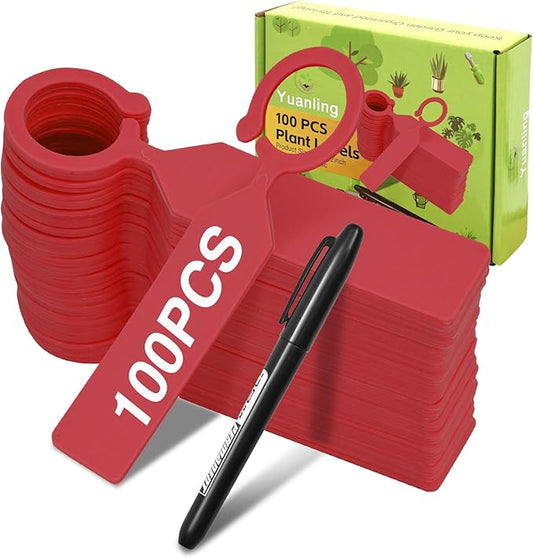 Plant Labels Yuanling 100Pcs Plastic Waterproof Plant Tree Tags Nursery Garden Markers for Indoor Outdoor Gardening Plants Vegetables Flowers Potted (Red Color with 1 Marker Pen)