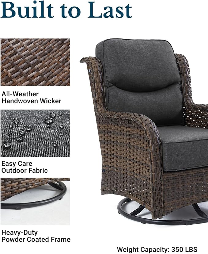HILLGA Luxury Outdoor Swivel Rocker Patio Chairs of 2 with 6 Inch Thick Cushions and Side Table, Swivel Outdoor Chairs 5PCS High Back Wicker Patio Furniture Set for Porch, Balcony, Deck in Dark Grey