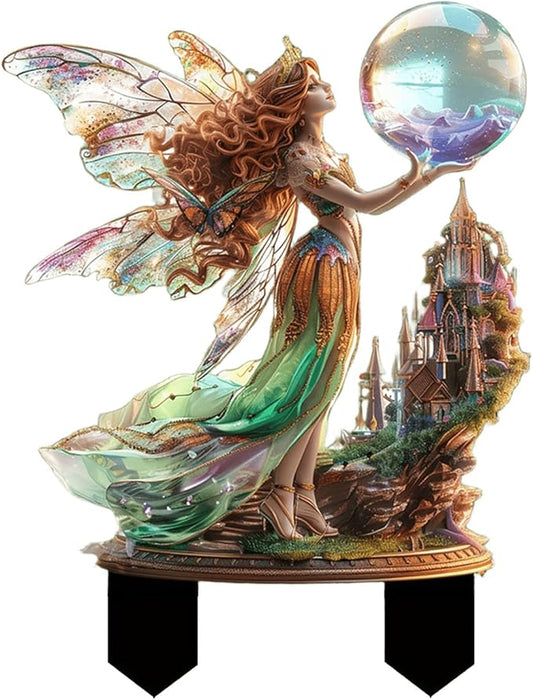 Fairy Garden Stake Decor, 2D Flat Acrylic Fairy Garden Decor Panel, Elf Yard Sign for Outdoor Indoor Yard Lawn Plants Pots, Fairy Garden Accessories (Fairy with Crystal Ball)
