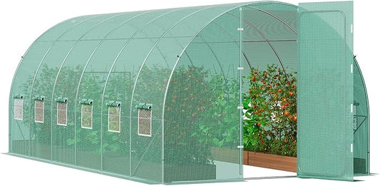 VEVOR Walk-in Tunnel Greenhouse, 19.4x9.7x7.4 ft Hoop House Greenhouse Tunnel, Plant Hot House with Galvanized Steel Frame, Green PE Cover, Swing Door and 12 Roll-up Windows for Outdoor