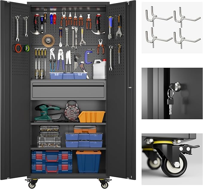 71" H Garage Storage Cabinet with Wheels and Doors,Metal Tool Storage Cabinet with Pegboard and Drawer for Garage Warehouse Home,Required Assembly,Black