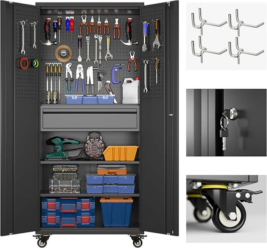 71" H Garage Storage Cabinet with Wheels and Doors,Metal Tool Storage Cabinet with Pegboard and Drawer for Garage Warehouse Home,Required Assembly,Black