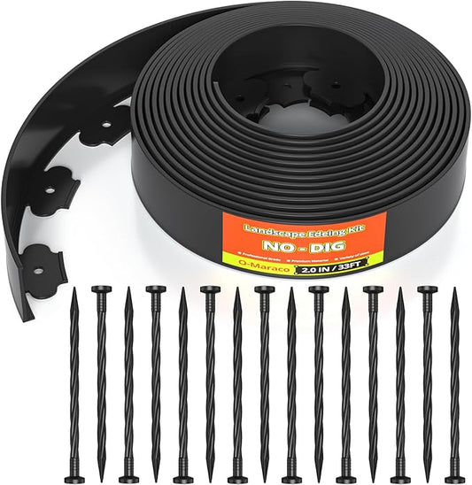 33FT No-Dig Landscape Edging, Heavy Duty 2 Inch Tall Plastic Garden Border with 30 Anchoring Spikes (Black)