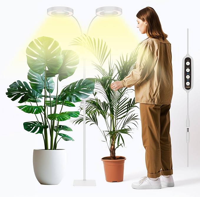 GLOWRIUM Grow Lights for Indoor Plants, 36W Full Spectrum 2-Head LED Plant Light with Stand, Adjustable Height, 3/9/12H Timer, 6 Dimmable Levels & 3 Lighting Modes (White-Double Head)