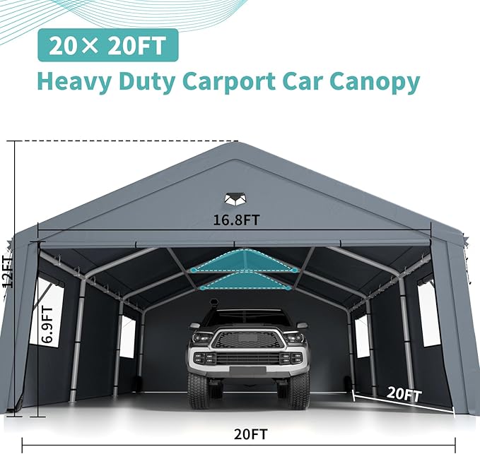 2 Car Carports 20X20 Heavy Duty，Car Port with 180G Removable Side Walls, Carport Canopy, Portable Car Port Garage, Car Shelter All Weather,Gray