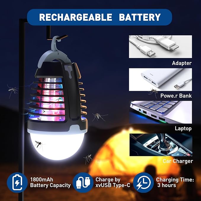 Portable Bug Zapper Outdoor Indoor, Electric Mosquito Fly Killer Lamp with Three Lighting Mode, USB Rechargeable Light Bulb Zapper for Camping, Home, Patio (3 Pack)