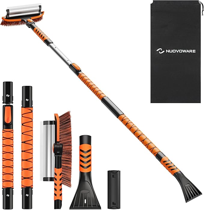 Nuovoware 60" Ice Scraper and Extendable Snow Brush for Car Windshield, 5 in 1 Adjustable Snow Removal Tools with 270° Pivoting Brush Head for Car Auto Truck SUV, Orange