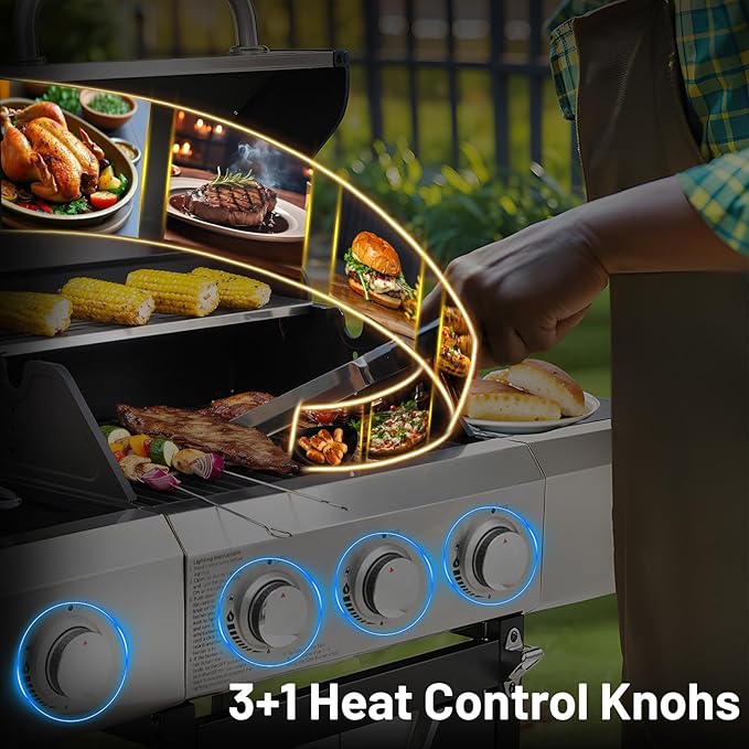 3-Burner Propane Gas BBQ Grill with Side Burner, 40,500 BTU Stainless Steel Gas Grill for Outdoor, Camping, Barbecue Grilling Backyard Cooking (3+1 bumer no cover)