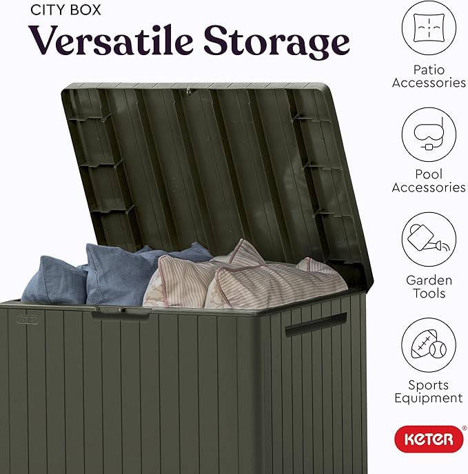Keter City 30 Gallon Resin Outdoor Storage Box and Patio Furniture Side Table for Pool and Garden Accessories, Mossy Brown