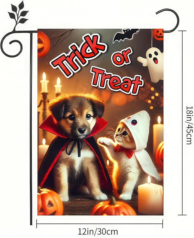 Halloween Garden Flag 12x18 Flag Dog And Cat Ghost Pumpkin Garden Flag Trick Or Treat Design With Puppy And Kitten Flag Outdoor Yard Lawn Patio Decoration Banner